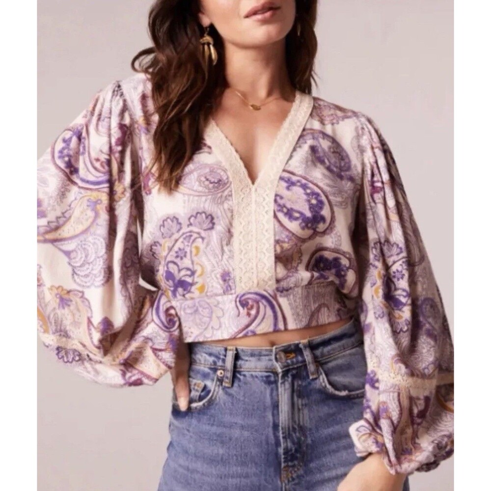 Band of the Free Mirabelle Paisley Lace Crop Top Women Size L Long Sleeve Sheer